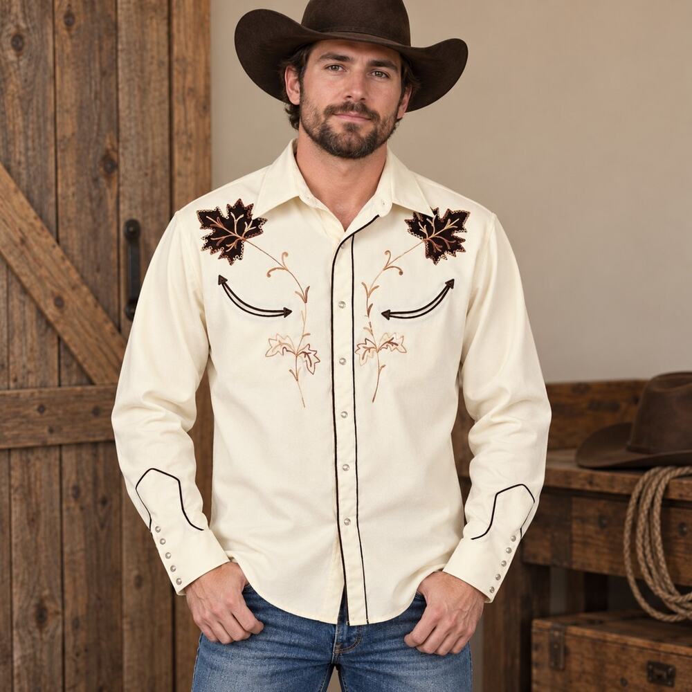 Vintage Miller Western Wear Shirt M Cream Pearl Snap Embroidered Maple Leaf